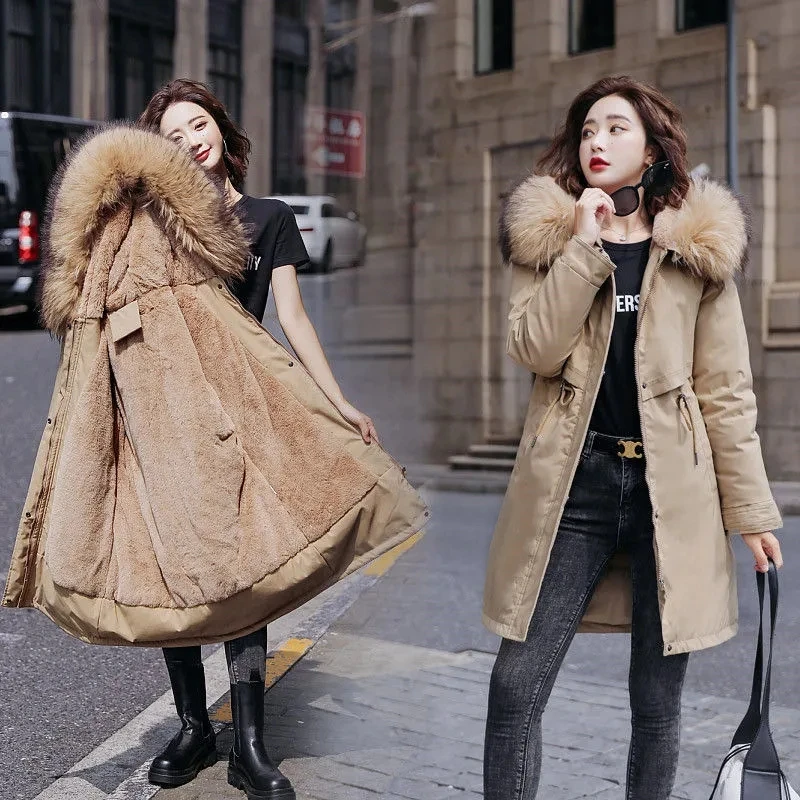 Parkas de invierno con forro de felpa para mujer, abrigos gruesos y cálidos acolchados de algodón, Chaqueta larga de invierno con capucha, ropa de