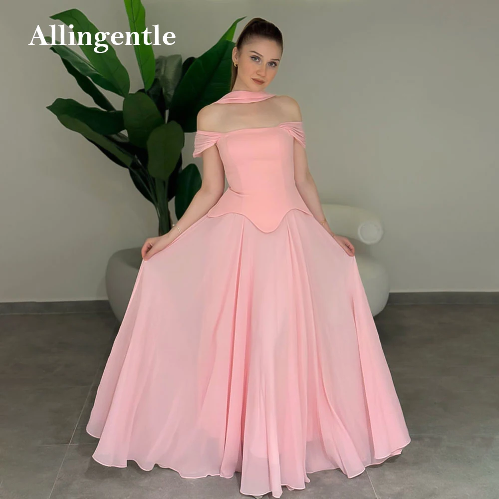 

Baby Pink Dubai Evening Dress with Scarf Off the Shoulder Chiffon Bridal Party Gowns A Line Long Prom Dresses Customized