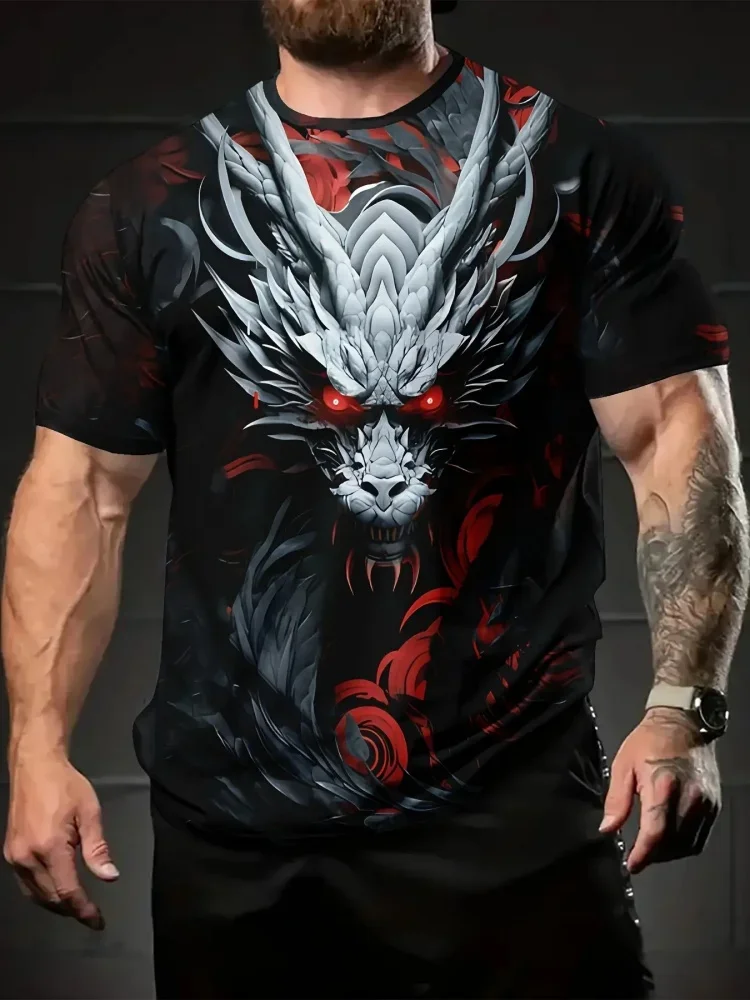 Vintage 3D-Drachenmuster Bedrucktes Herren-T-Shirt Sommer Streetwear Trend Hip-Hop Y2K Kleidung Tägliches Casual Tee Oberteil