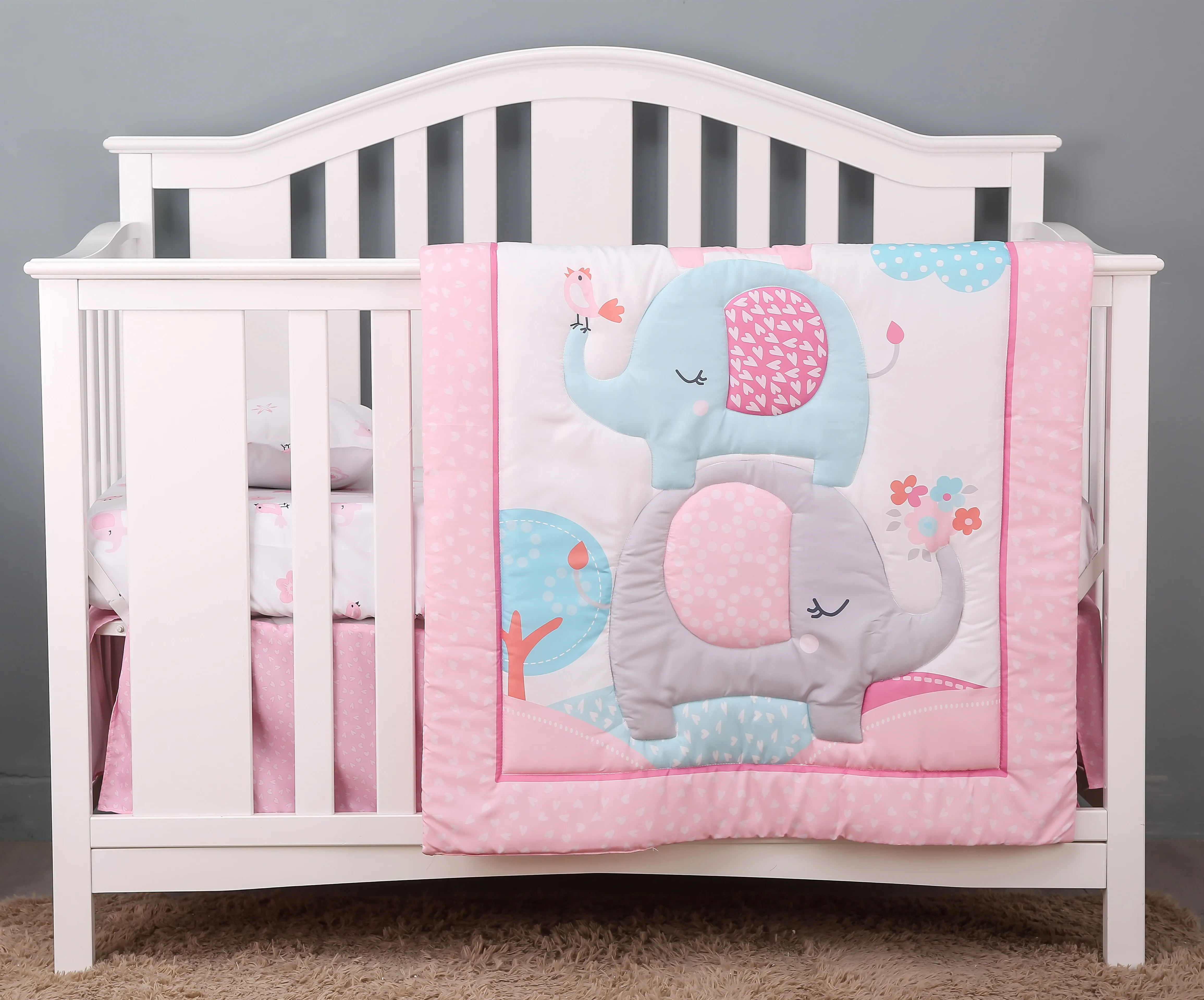 Pink Crib Bedding Set for Girls- 3-Piece Baby Nursery Bedding Crib Set Baby Bed Linen includes Crib Skirt Comforter Crib Sheet