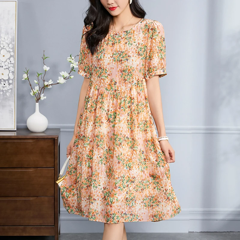 

2024 Women's Summer Dresses Chic And Elegant O-neck Short Sleeve Woman Floral Dress A-line 100% Real Silk Female Long Midi Dress