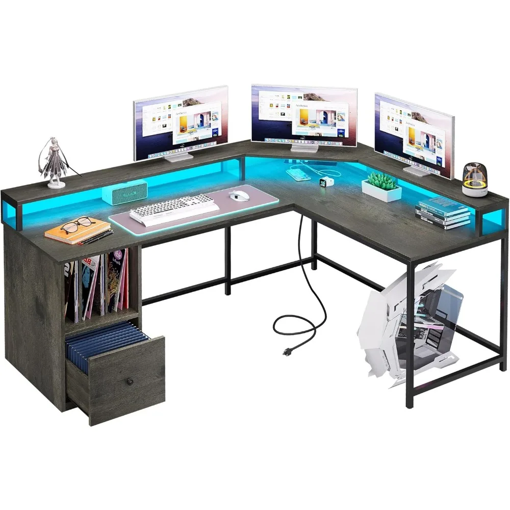 Bureau d'ordinateur avec prise électrique et lumières LED, 67 amaran, support de moniteur, 3 étagères de rangement avec égouts de proximité, bureau d'angle