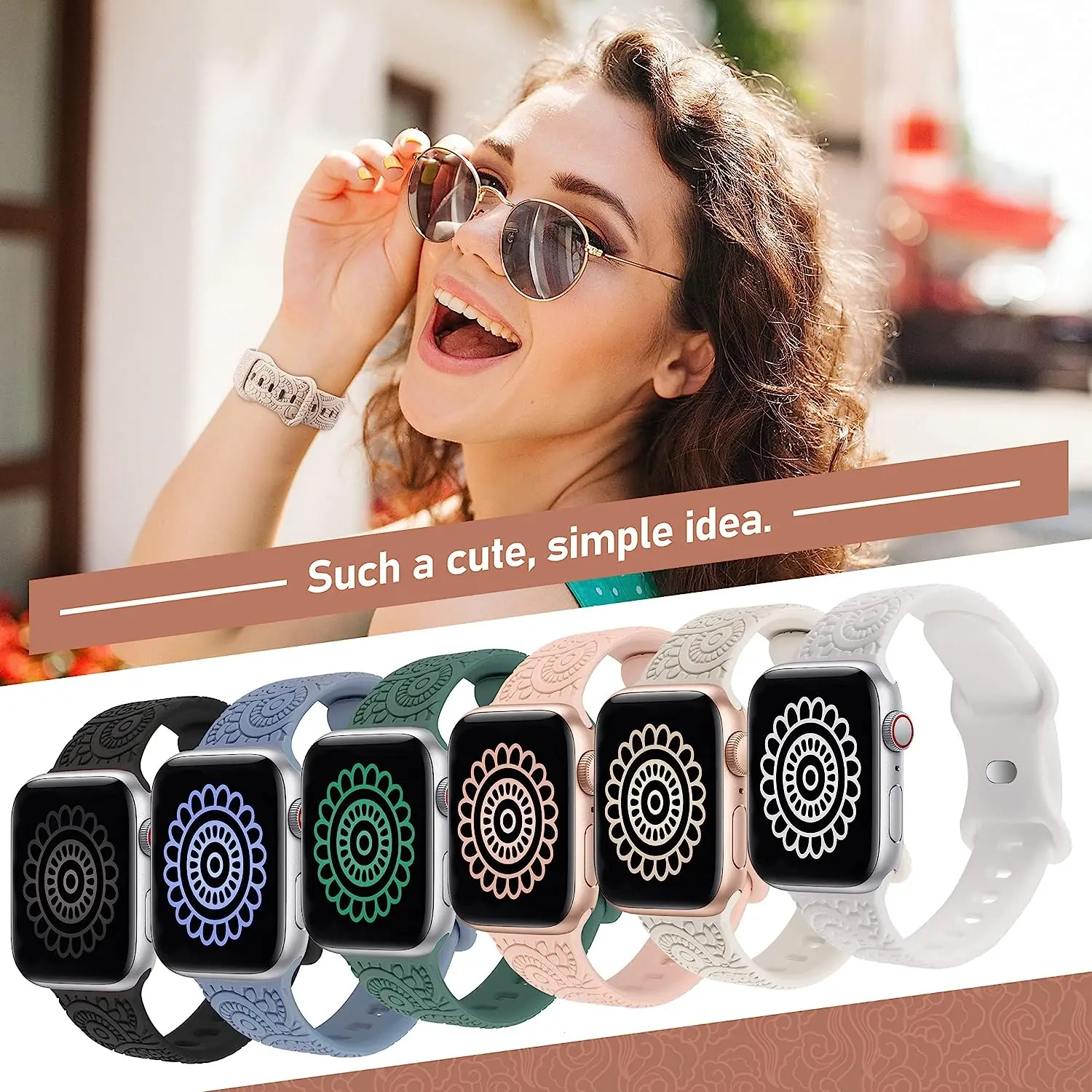 Bracelet en silicone gravé pour Apple Watch, bracelet sport floral, iWatch Series Ultra 8, 7, 6, SE, 5, 4, 3, 44mm, 49mm, 40mm, 41mm, 45mm, 38mm,