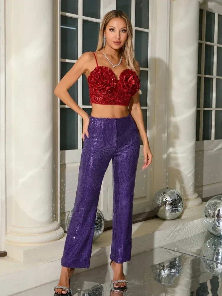 2025 calças sexy conjuntos de 2 peças feminino flor vermelha rendas topo de colheita + roxo roxo lantejoulas calças ternos pista ternos de festa à noite