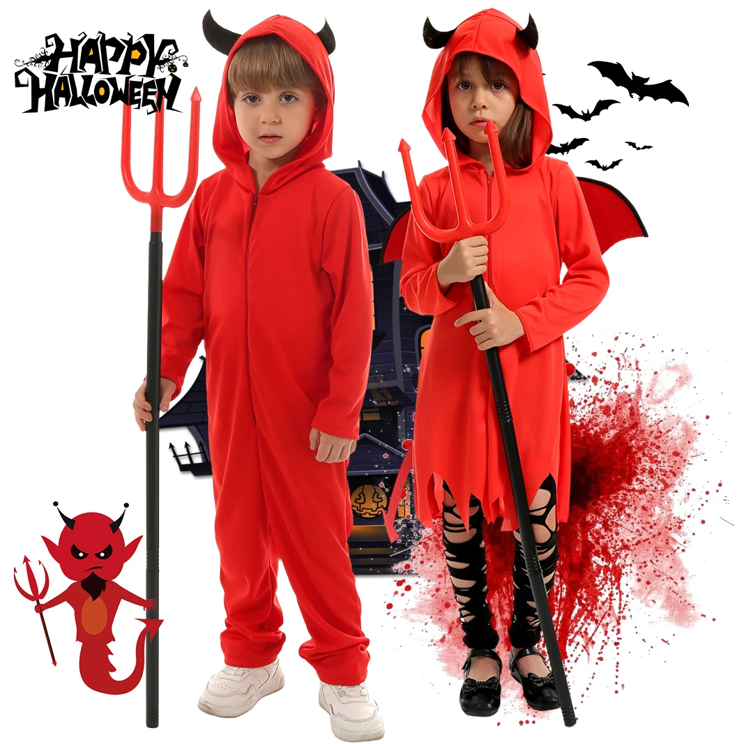 Disfraz de Diablo rojo de Halloween para niños y niñas, conjunto de vestido de carnaval elegante