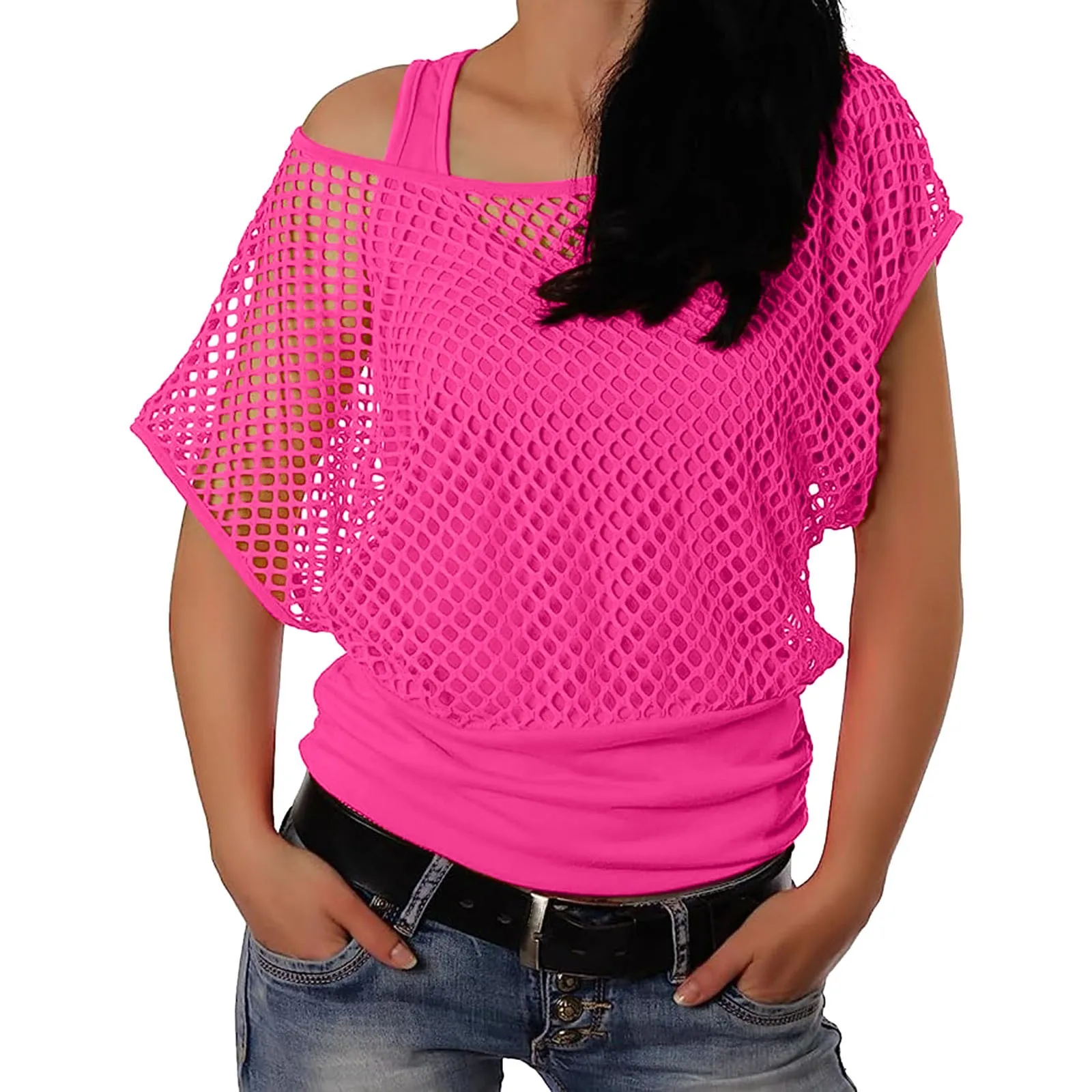 Womens 80s T Shirts Vintage Neon Fishnet Mesh Top Off Shoulder Tops For Women Party Ball Short Sleeve Two Piece T Shirt Hot Pink