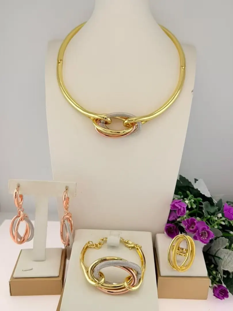Simple Elegant Knot Shape Three Tone Italian Jewelry set Shiny llaveros Collar Pulseras pin Pendient tentacles Anillos 4PC Set