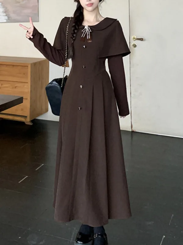 

Корейское женское платье-миди с воротником-хомутом и вставками, А-силуэт, больших размеров, с завышенной талией, стройнящее, для весны и осени, модное