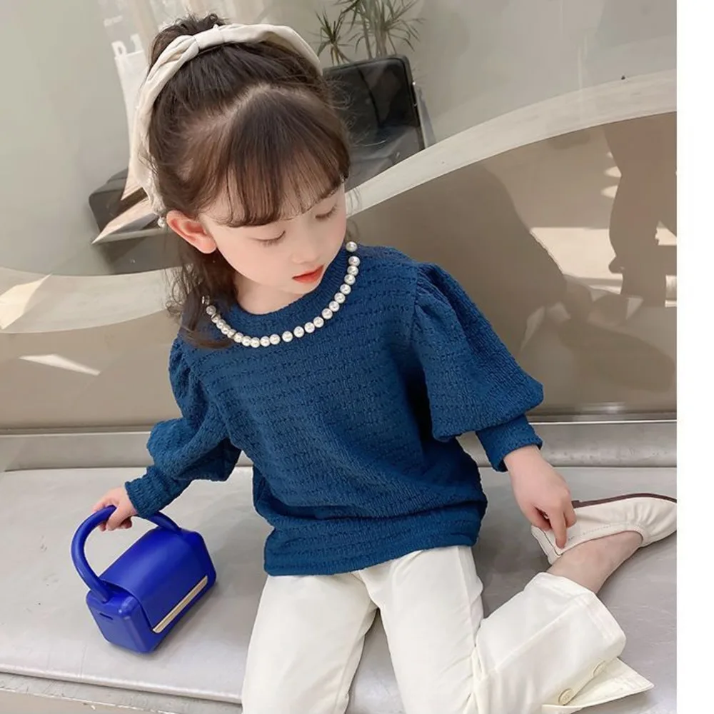 Girls' Autumn And Winter Bottom Shirt Long Bubble Sleeve Top With Nail Bead Baby Princess Children's Korean Fashion Basic Tops