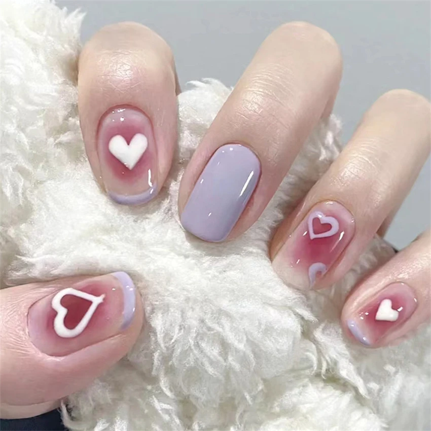 24Pcs/Set Small Fresh Peach Heart Long Wearing False Nails Sweet Removable Press on Nail Art Ręcznie robione francuskie akrylowe sztuczne paznokcie