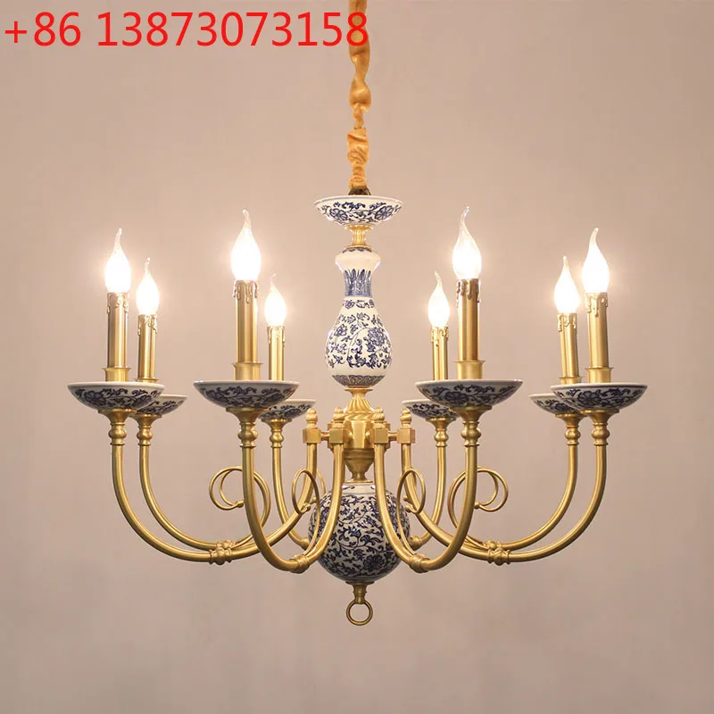 

Американская средневековая простая лампа-свеча, простая керамическая вилла, гостиная, спальня, лестница, атмосферная полностью медная люстра, лампа