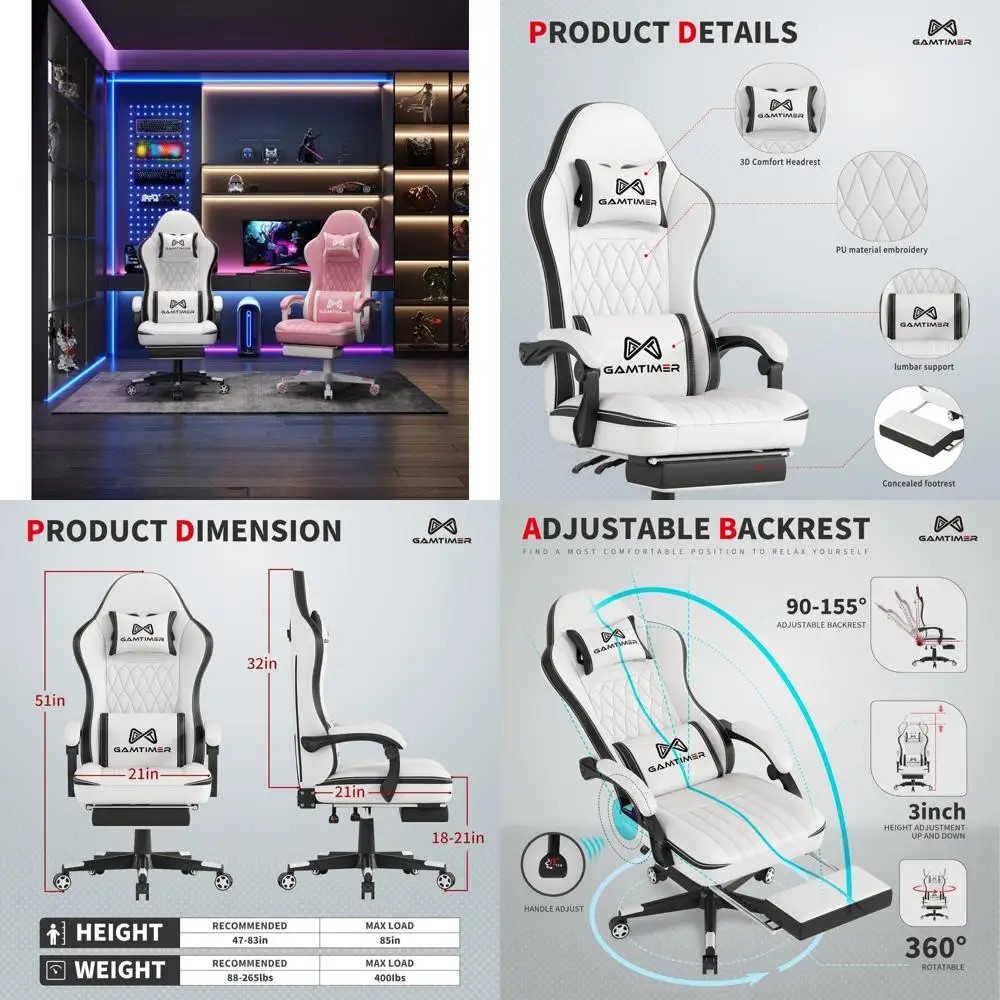 Ergonomic Gaming Chair with Footrest, Breathable PU Material, Headrest and Lumbar Support for Comfortable Gaming Sessions