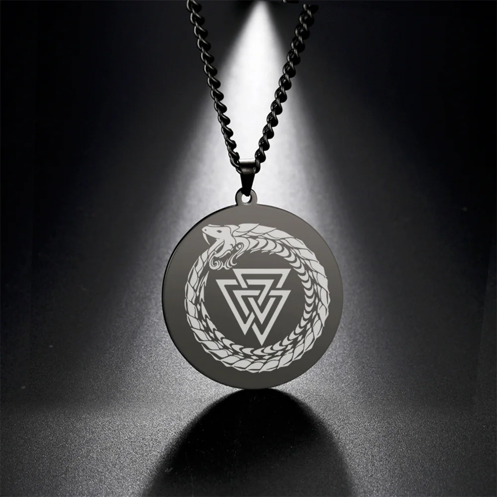 EUEAVAN Classic Vikings Dragon Ouroboros Nordic Valknut Symbol Necklace Stainless Steel Triangle Vegvisir Amulet Jewelry for Man