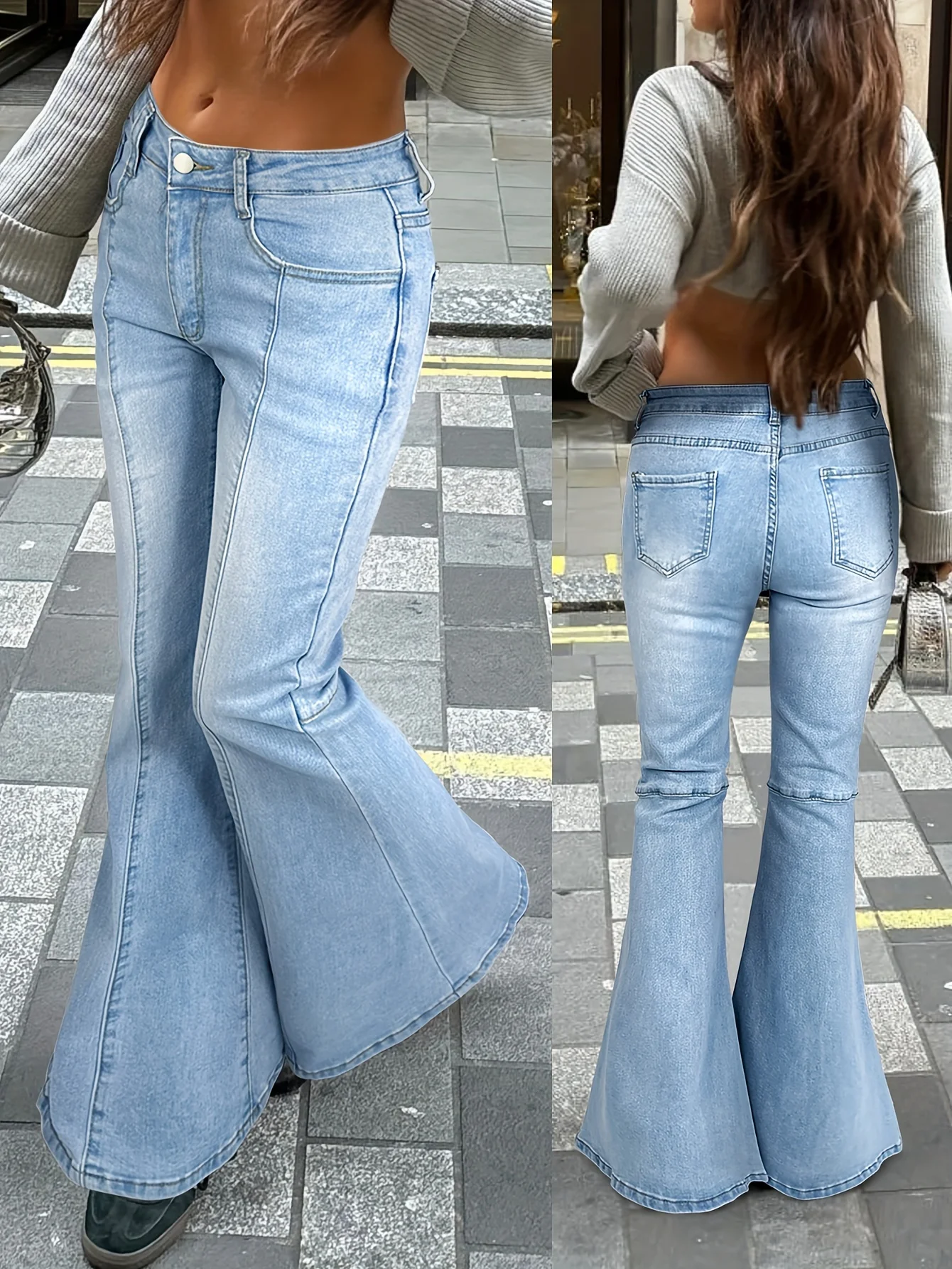 Women's Light Blue Flare Jeans - Mid-Rise, Stretch Denim with Slant Pockets, Comfort Fit with Gradient Color Design