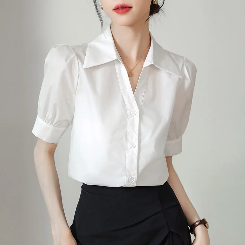 Summer Elegant Fashion Solid Short Sleeve Shirt Women V-neck Button All-match Formal Clothing Office Lady Chic Folds Edge Tops