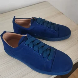 Low Cut Blue Suede Sneakers Men Casual Sneaker Shoes Fashion Handmade Lace-up Men's Flats Leather Shoes Skateboarding Shoes