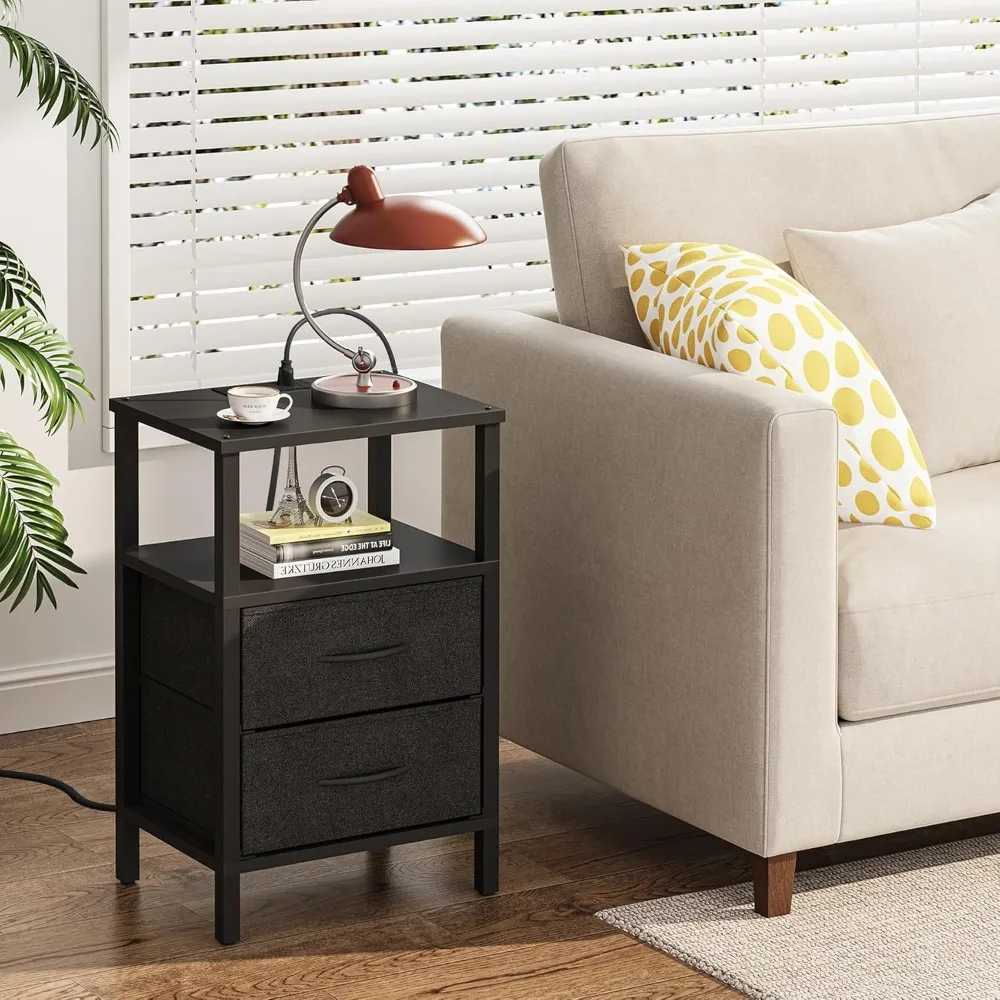 

Table with Charging Station, Side Table with 2 USB Ports and Outlets, Nightstand with Cloth Drawer, Set of 2, Couch Table, Black