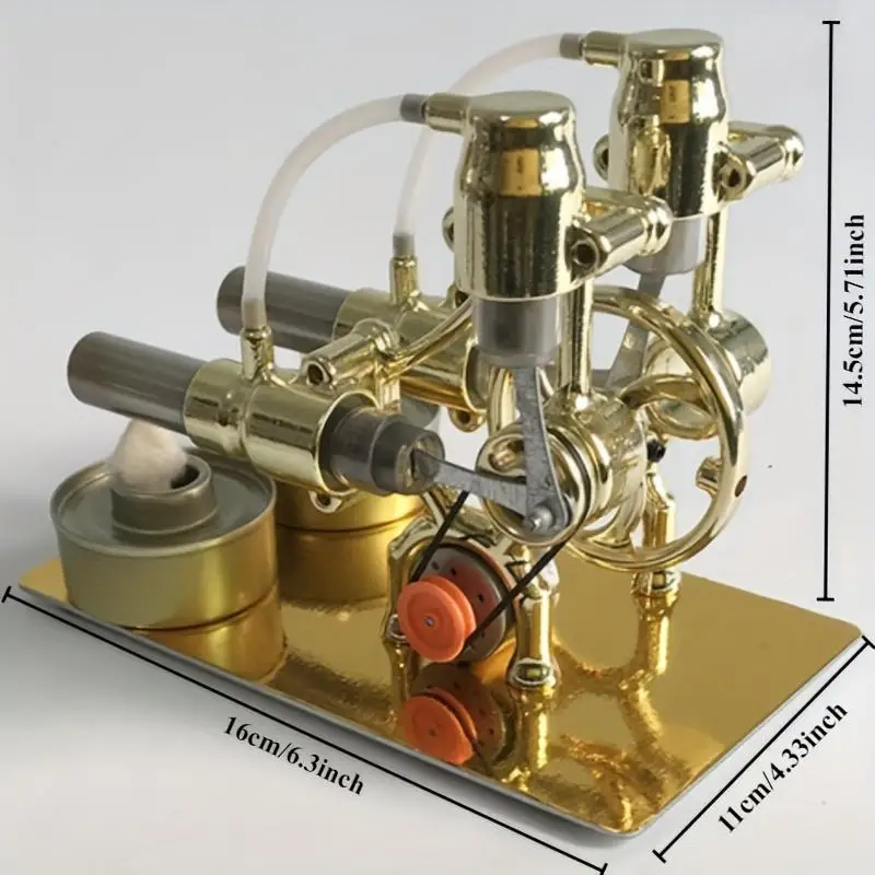 Golden Twin Cylinder Stirling Engine Model Physics Teaching Experiment Student Gift