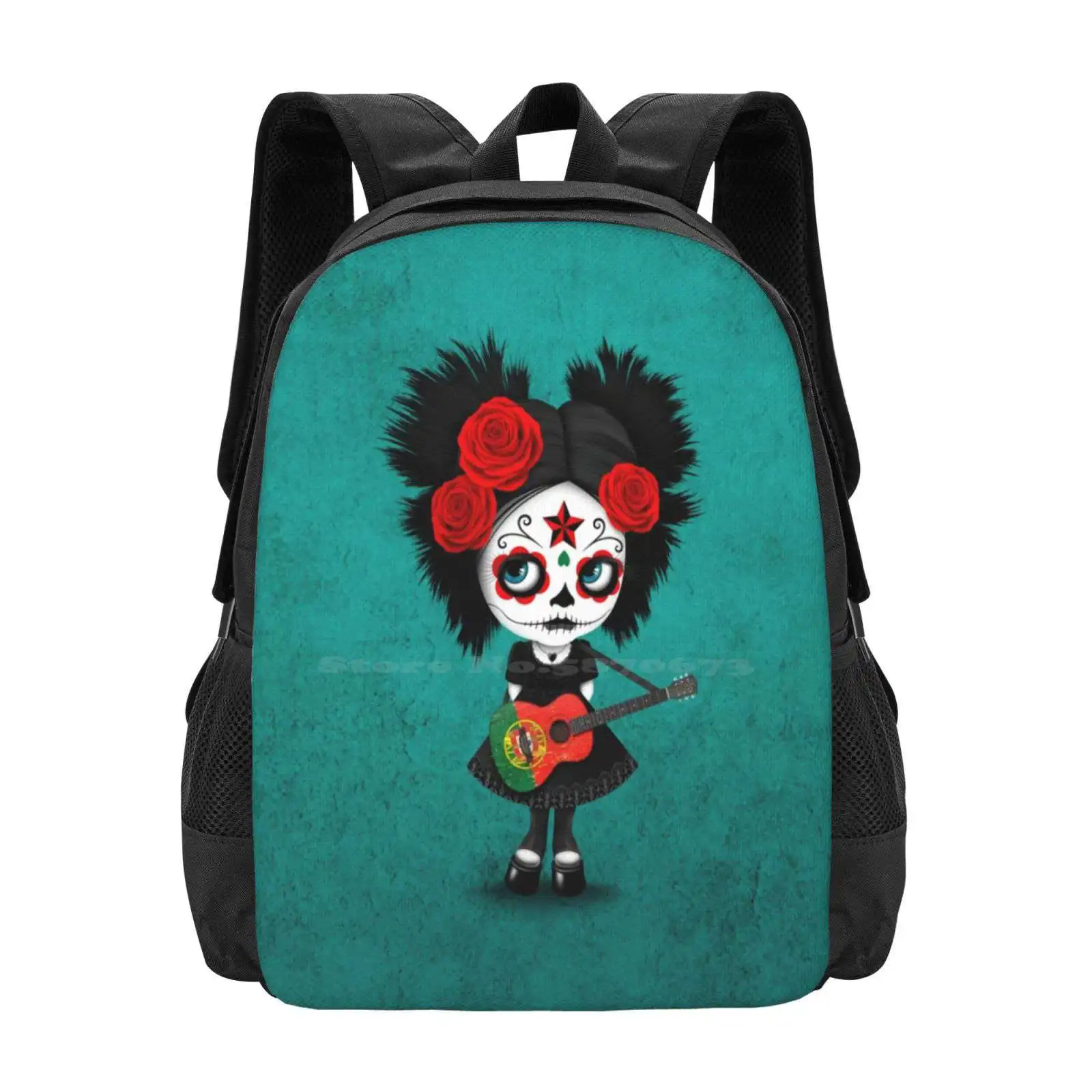 Sugar Skull Girl Playing Portuguese Flag Guitar Pattern Design Bag Student'S Backpack Day Of The Dead Girl Portuguese Day Of