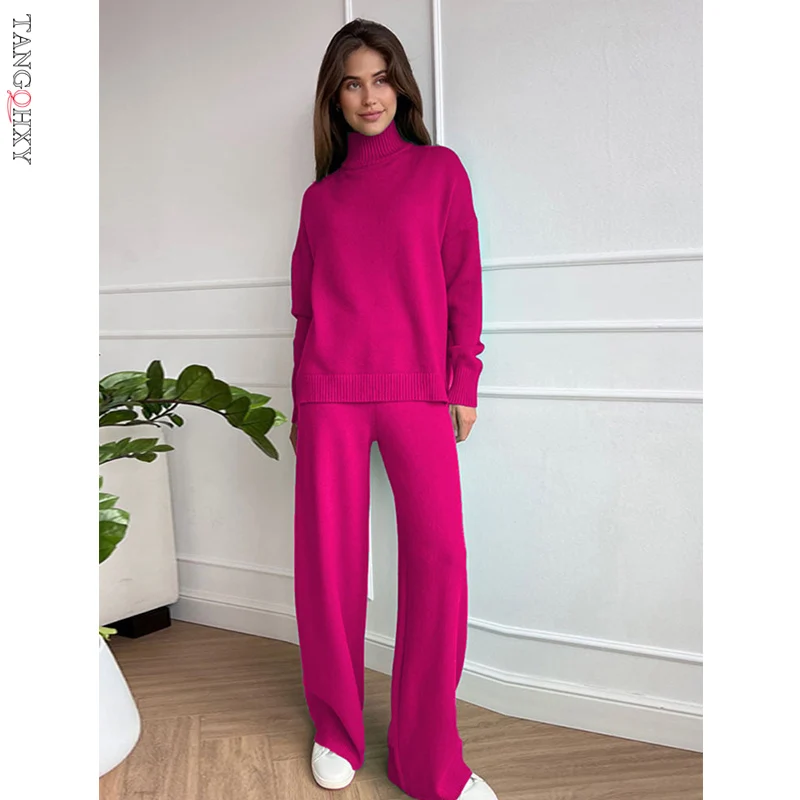 

Women's Winter Set Long-sleeved 2piece Knitted Suit Warm Turtleneck Bright Color Sweater Top Pants Pullover Set Women Knitwear