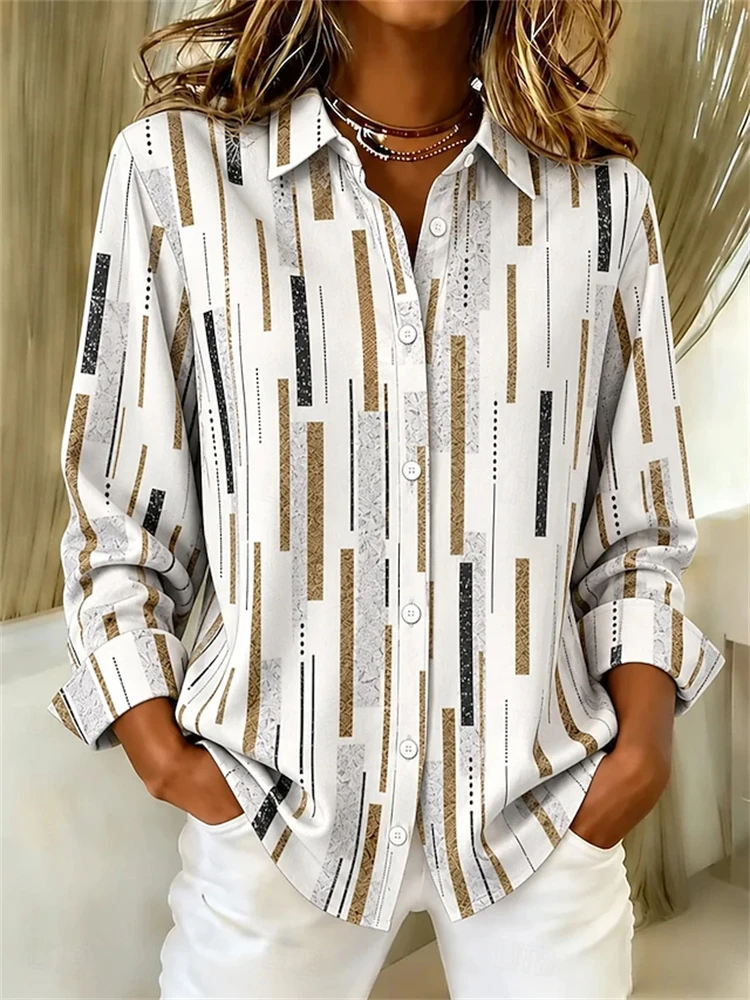 Autumn Women's Elegant Long-sleeved Shirts Simple Irregular Pattern Prints Lapel Button-down Shirts Workplace Commuting Tops