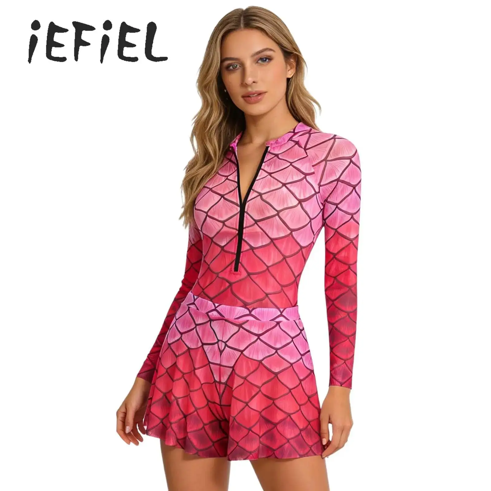 

Women 2 Pcs Mermaid Swimsuits Costumes One-Piece Long Sleeve Swimsuit Chest Pad Half Zip Bathing Suit And Shorts Set Beachwear