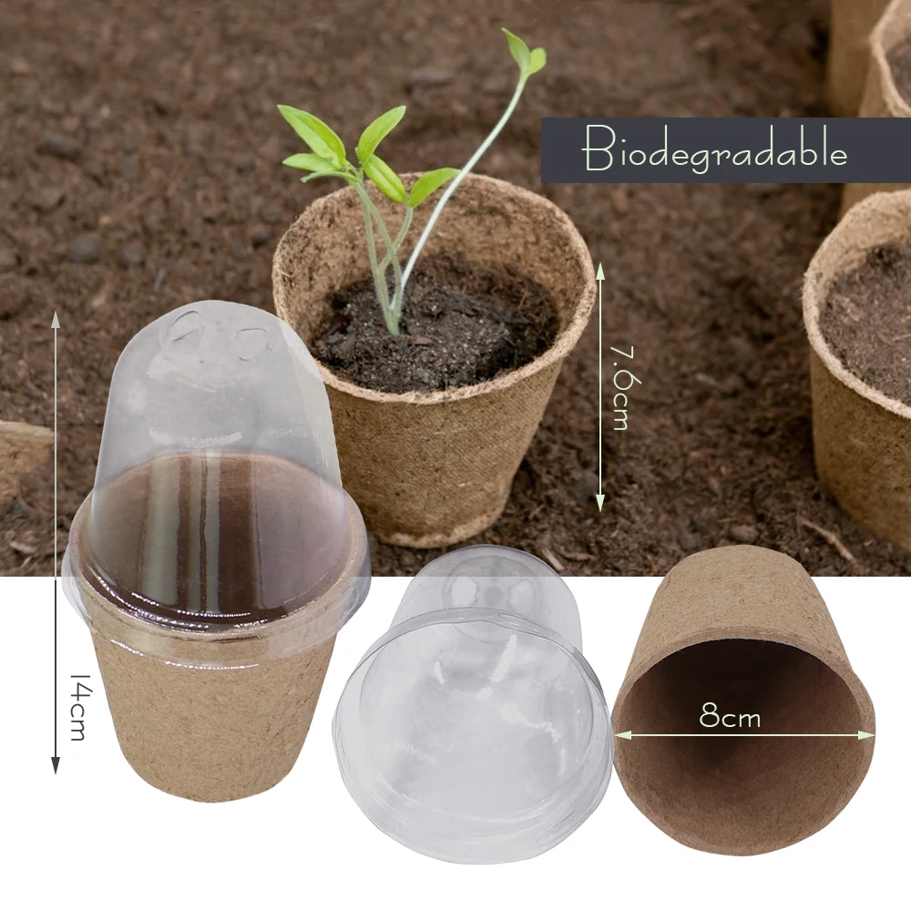 140x80MM Biodegradable Seed Starting Pots with Adjustable Humidity Dome Cover Round Nursery Pot Plant Starter Germination Trays