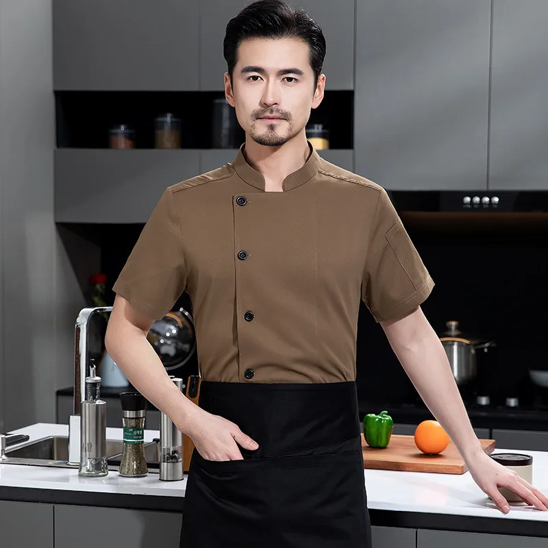 ケータリングホテルシェフ作業服半袖レストランベーキングケーキ食堂鍋レストラン白シェフジャケットプリントE付き