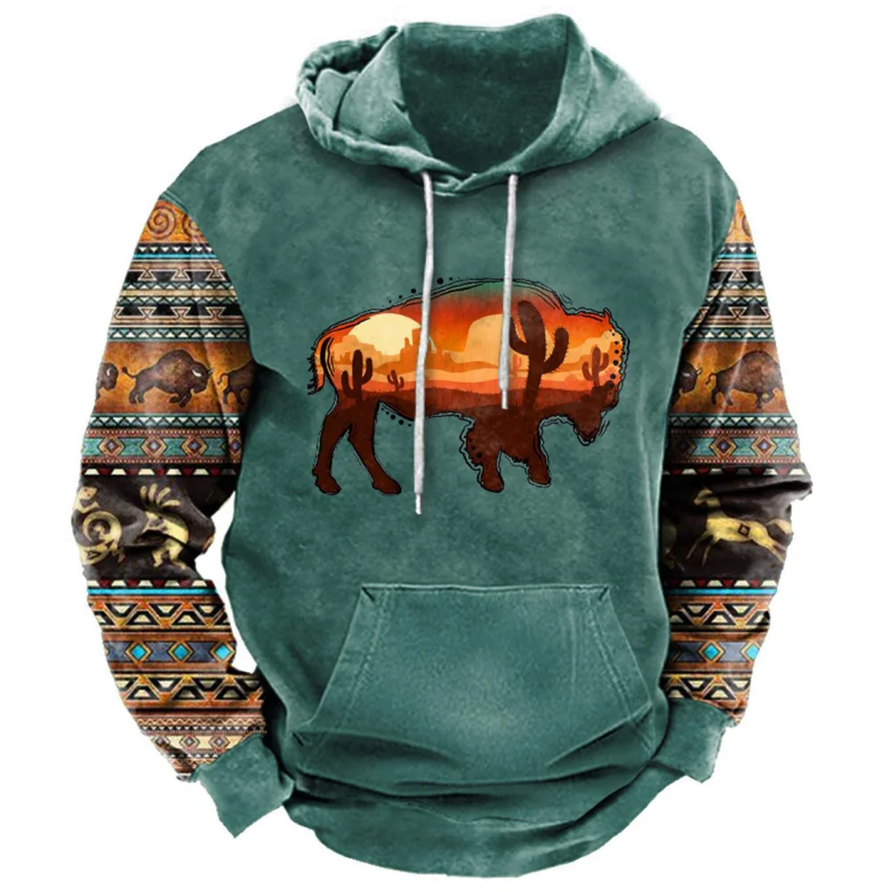 2023 New Men\'s Hoodie Vintage Cow Printed Oversized Hooded Sweatshirt Pullover Casual Streetwear Tops Male Harajuku Hop Clothes