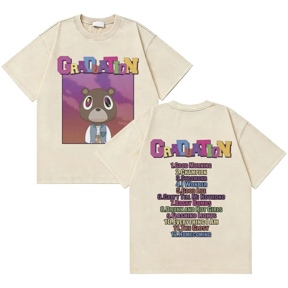 

Washed Vintage Rapper Kanye West Graduation Bear Graphic T Shirt Men Women Hip Hop Vintage Oversized T-shirts Fashion Streetwear