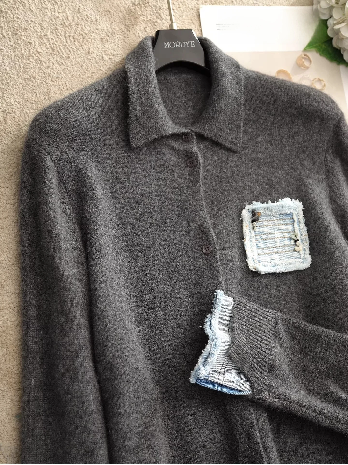 

Sli Commute Wool Blend Knitted Sweater with Embroidered Beads Denim Patch Collar Open Cardigan Soft Long Sve Women's F...