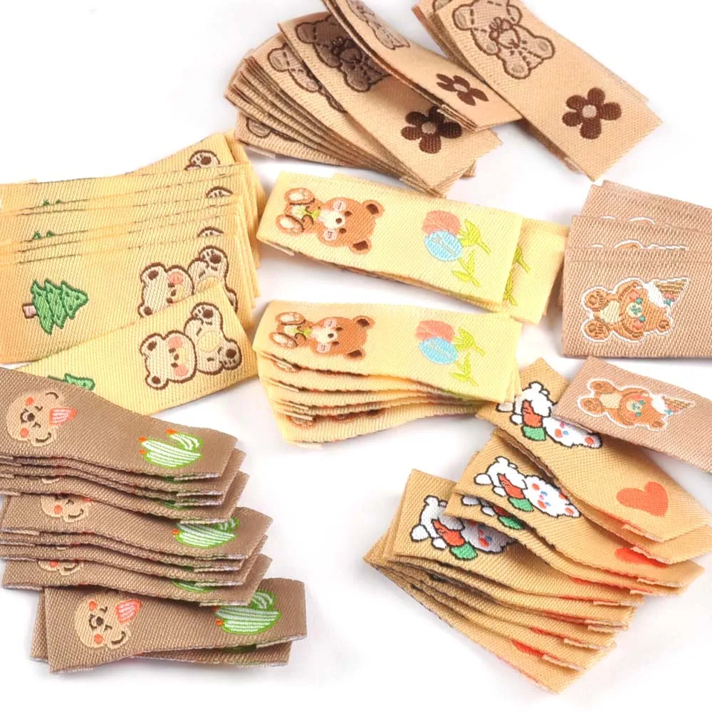 50Pcs Kawai Bear Embroidery Brown Labels For Knitted Hats Bag Shoes Sewing Garment Accessories DIY Tags Crafts Handmade Supplies