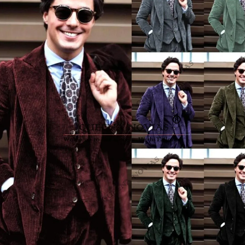 

Corduroy Solid Suits Men Single Breasted Prom Tuxedos Customized 3 Pieces Man Banquet Party Clothing Groom Wedding Dresses 2025