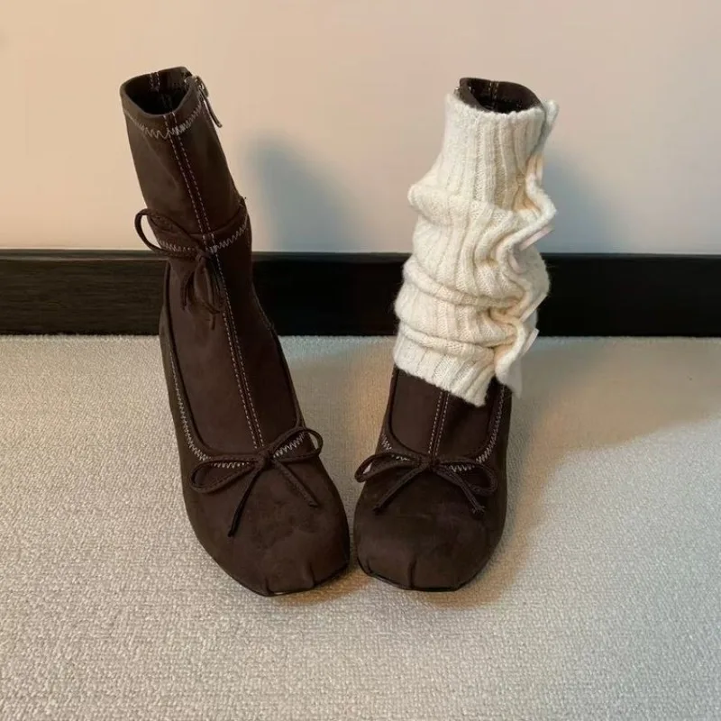 Bow Square Heel Single Boots Autumn New Round Toe Side Zip Anti-Slip Wear-Resistant Mid-Leg Boots