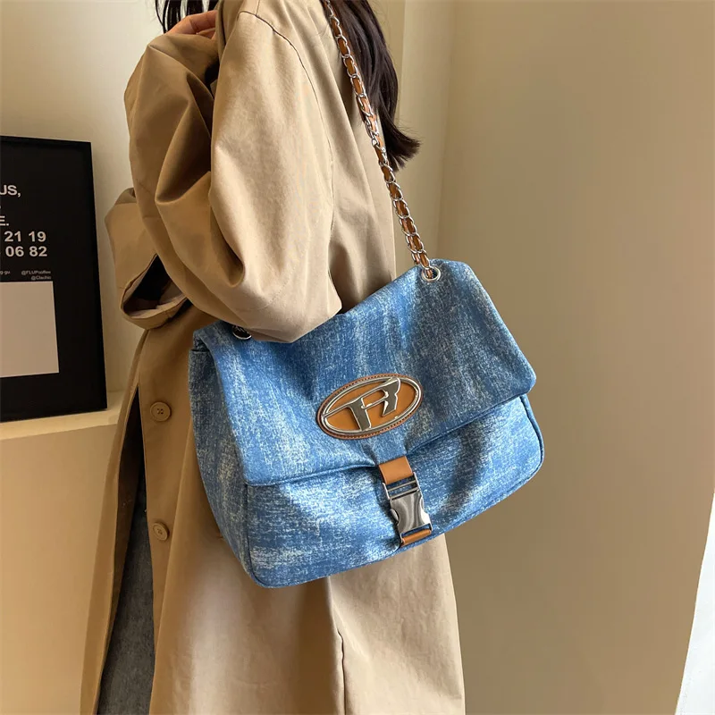 Versatile Commuting Crossbody Bags Fashion Chain Large Capacity Denim Single-Shoulder Bag Travel Shopping Storage Satchel New