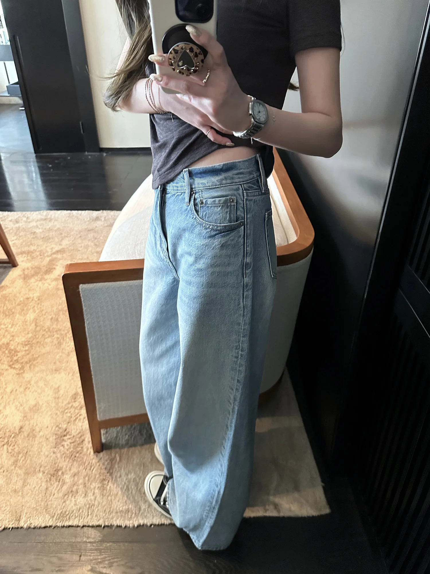 

Treasure Wide Leg Cotton Jeans Loose Fit Slimming Straight Long Pants Casual Sle l Waist Zipper Closure