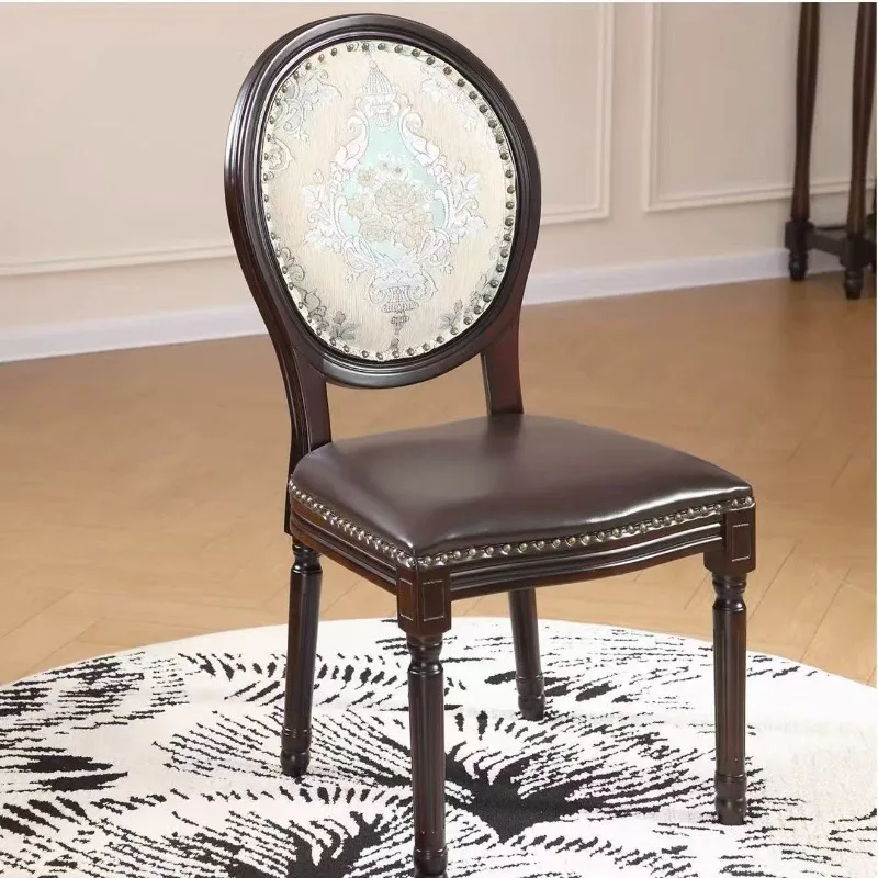 French vintage style solid wood dining chair, American studded fabric leisure chair, home dining room backrest chair