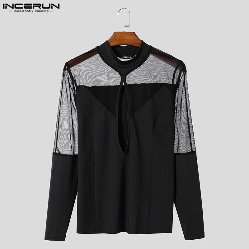 Fashion Sexy Tops INCERUN Men's Hollow Mesh Knitted Splicing T-shirts Casual Clubwear Tight Half High Neck Long Sleeved Camiseta