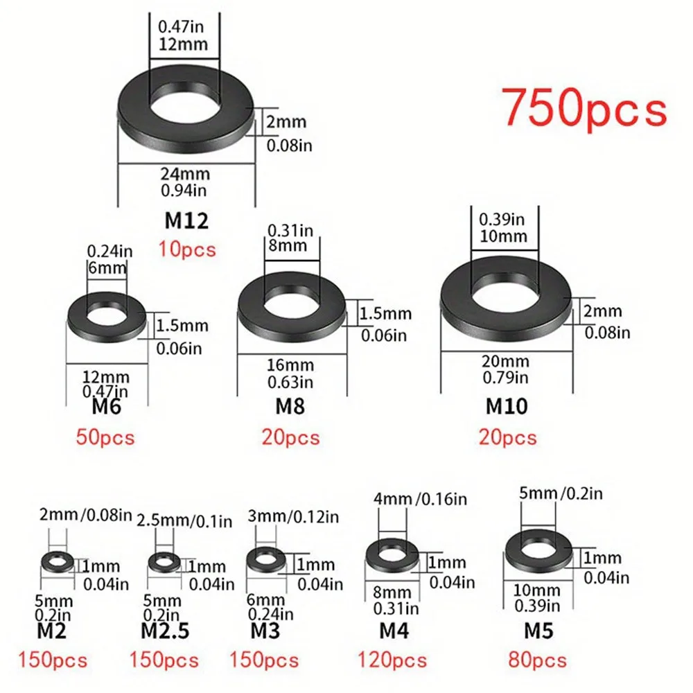 750-Piece Set of Black Nylon Gaskets, M2-M12 Round Nylon Gaskets, Suitable for High Temperature and Dielectric Insulation.
