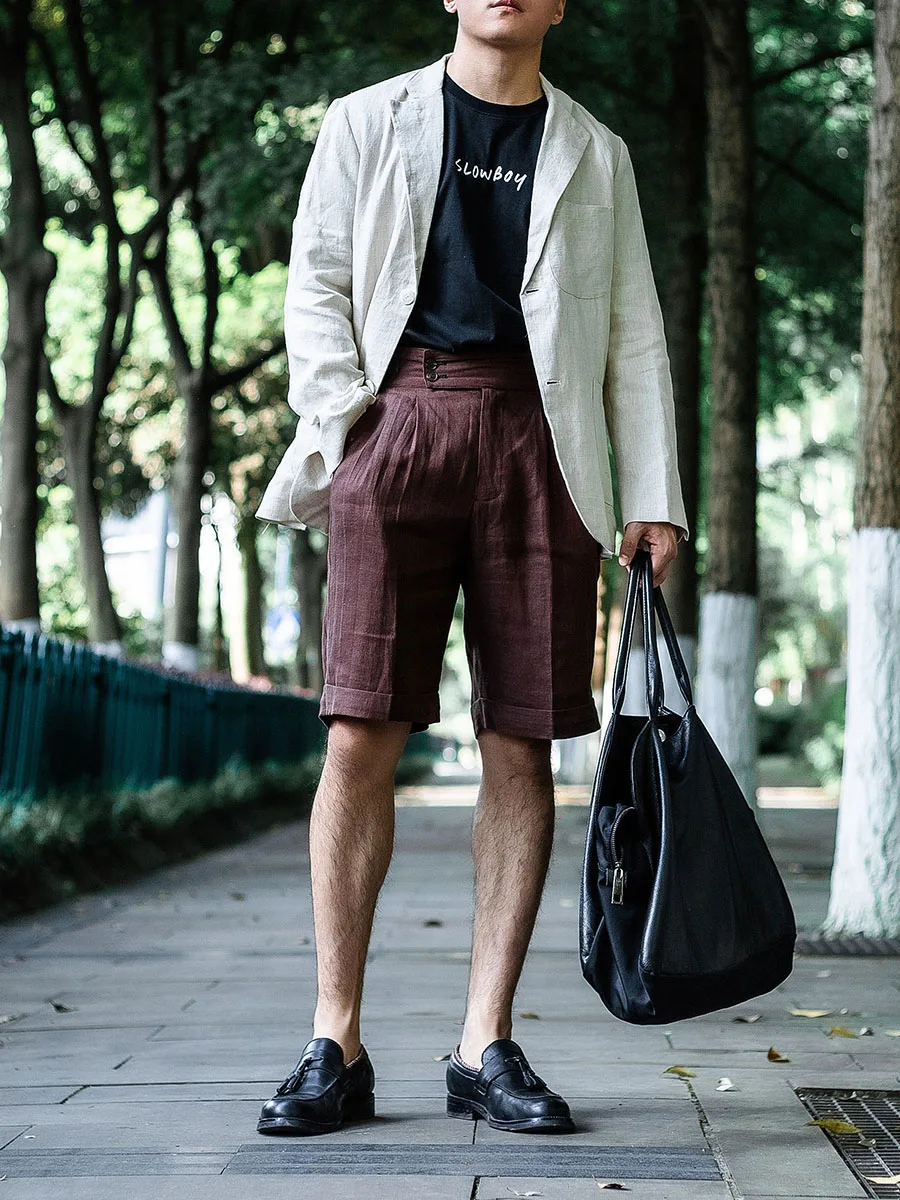 Spring And Summer Italian Casual Naples Flax Five-point Shorts Men's Pure Linen High Waist Paris Buckle Loose Pants Cargo Pants