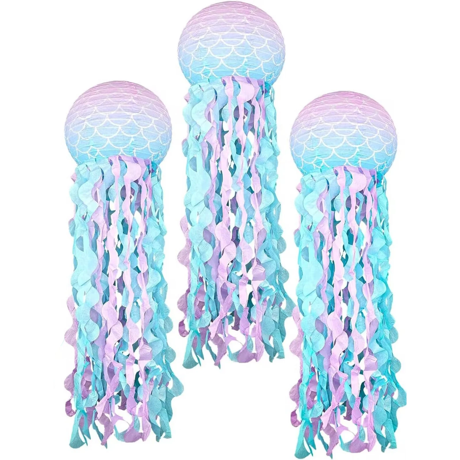 3PCS Mermaid 8INCH/10Inch Paper Lanterns Set  Jellyfish Scales Design under the Sea Theme Party Decorations