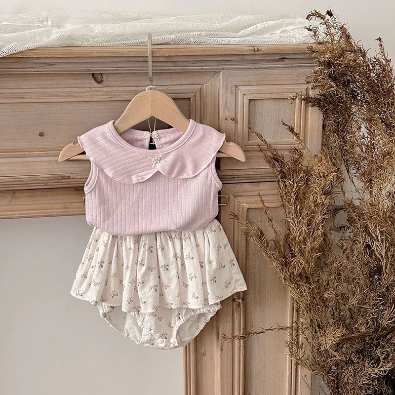 MILANCEL New Summer Baby T-shirt 6-24M Pit Stripe Infant Sleeveless Tee Korean Sweet Floral Toddler Clothes Girls Shorts