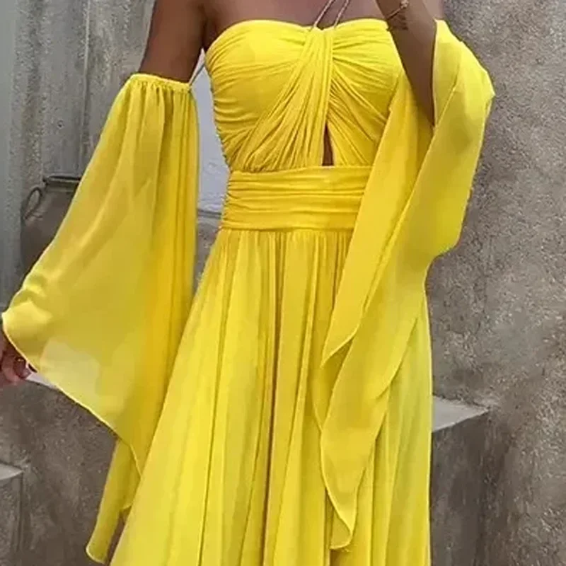 

Autumn Lady Off Shoulder Flare Sleeve Party Dress Sexy Hollow Backless Split Evening Dress Women Strapless High Waist Long Dress