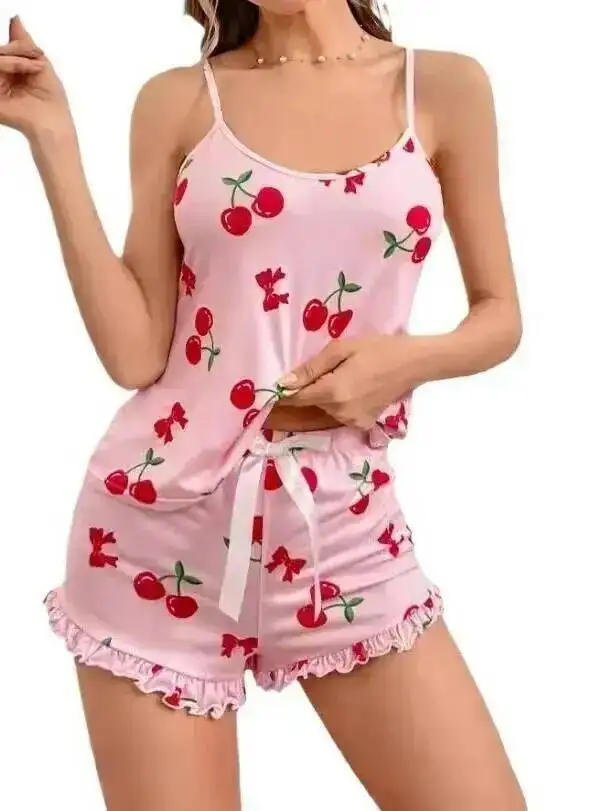 

2025 New Sexy Pajamas Camisole Homewear Cherry Print Two-Piece Shorts Sets Backless Deep V Suspenders Sleeveless Shorts Set 7RGF