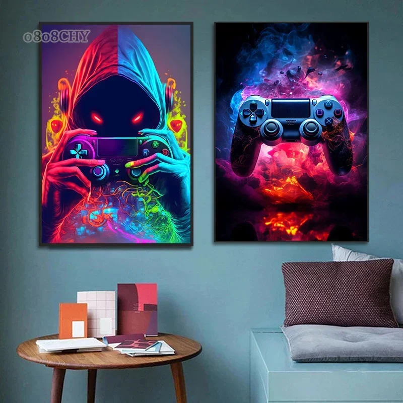 Images d'art murales de jeu, contrôleur de jeu de joueur coloré néon, affiches et imprimés sur toile pour salle de jeu, peinture sur toile, décoration de maison