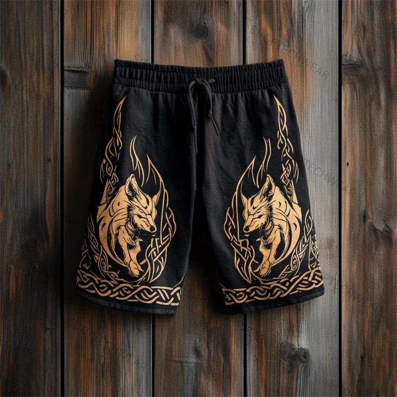 남성용 빈티지 노르딕 룬 신화 늑대 3D 프린트 캐주얼 바지 남성용 민족 토템 드로스트링 반바지 여름 루즈 비치 팬츠