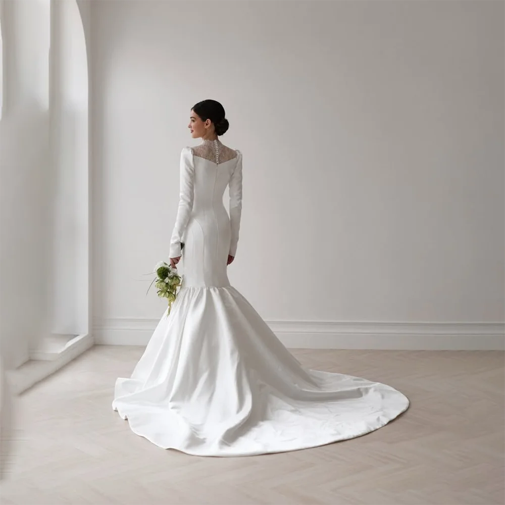 White Satin Wedding Dress for Women Customized Long Sleeve Mermaid Bridal Gown Fitted Bodice Flared Train Elegant Bride Dress