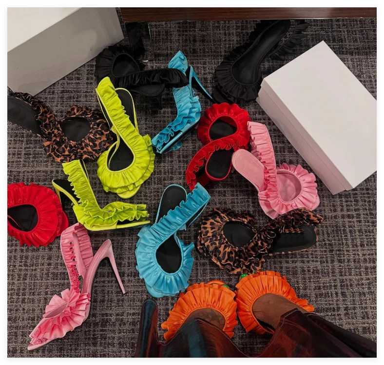 

Colorful Ruffles Satin Sexy Open Toe Sandals Women's Pink/Blue/Black Summer New in High Heels Big Size Party Chic Designer Shoes