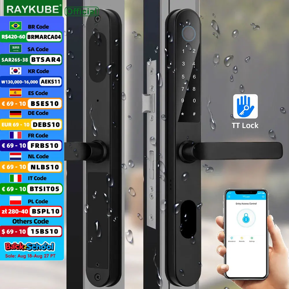 

Дверной замок RAYKUBE DQ09, водонепроницаемый алюминиевый замок с поддержкой Bluetooth, с приложением TT, сканером отпечатка пальца, паролем, IC Card и ключом