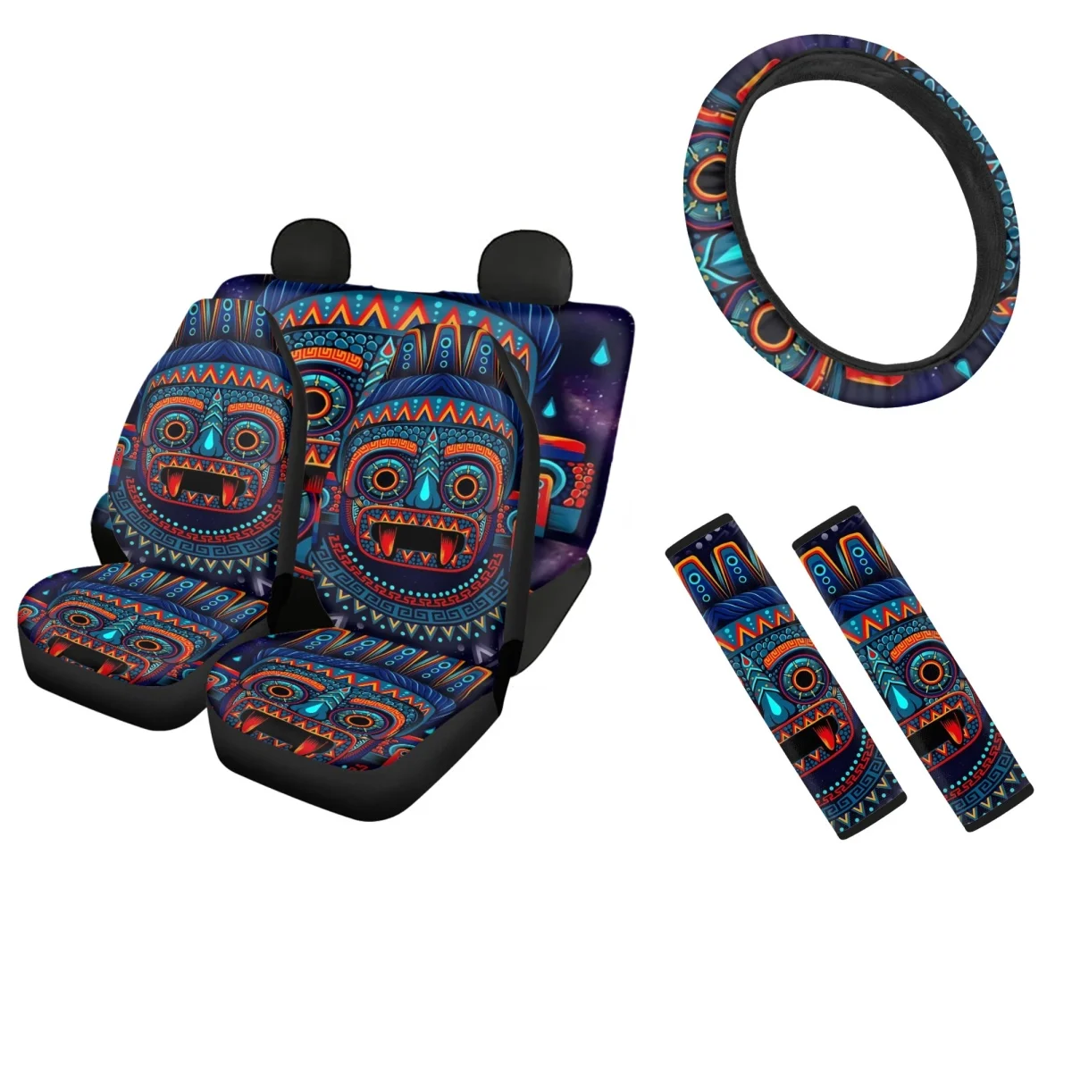 

Aztec Culture Design Car Interior Seat Covers Easy to Install Women Mens Steering Wheel Cover and Sweat Absorption Safety Belt